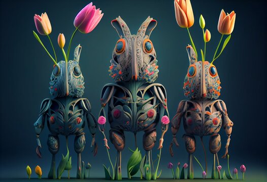 Decorative figures of strange animals holding the fresh spring tulips, cute and weird at the same time. Result of crazy genetic experiment. AI generated illustration. Generative AI