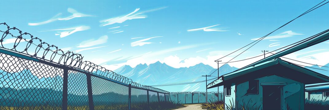 The Dichotomy of Peace and Division: A View of the Demilitarized Zone (DMZ) with Barbed Wire and Distant Mountains - A Thought-Provoking Illustration Reflecting on Borders and Nature