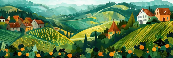 Idyllic Countryside Harmony: Stylized Illustration of a Quaint Village Amidst Lush Vineyards and Orchards

