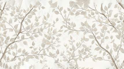  a white and beige wallpaper with a tree branch pattern on the left side of the wall and a beige and white background on the right side of the wall.