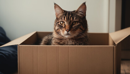 Cat resting in cardboard box in a home environment during the day for comfort and security. The cat is attracted to confined spaces and finds shelter and safety in the box