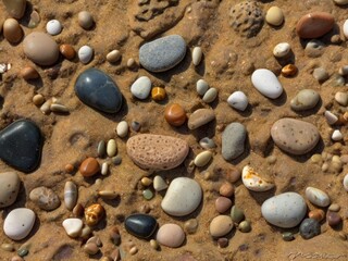 Fototapeta na wymiar Macro image of sand textures on the ocean shore with various large and ordinary pebbles.