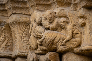 Dormition of the Virgin, Door of Los Abuelos, Church of San Juan, Laguardia, Alava, Basque Country, Spain