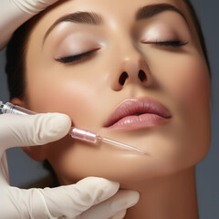 Syringe near woman's chin, beauty injections with fillers for lips correction Job ID: 85b86842-0292-4908-a799-84636c151e5e