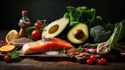 Well-balanced meal being prepared, with a focus on fresh vegetables, lean proteins, and whole grains. Healthy diet in managing diabetes 