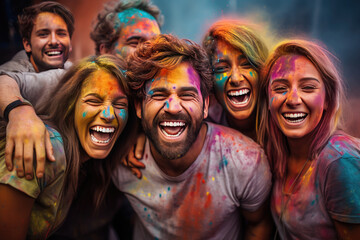 Happy group of people celebrating Holi the Festival of Colours - obrazy, fototapety, plakaty