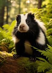 A black and white striped skunk sitting on a log. Generative AI.