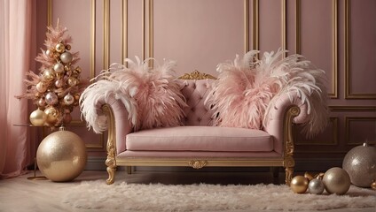  Luxury Christmas Decorations with Ostrich Feathers and Couch, Pastel Pink and Gold Seasonal Background 