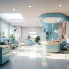 Fototapeta premium A modern hospital room with blue furniture. Generative AI.