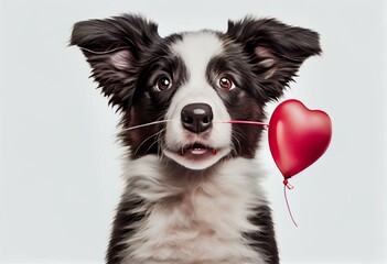 St. Valentine's Day concept. Funny cute puppy dog border collie holding red heart balloon in mouth isolated on white background. Lovely dog in love on valentines day gives gift. Generative AI - obrazy, fototapety, plakaty