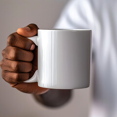Sleek mockup featuring a high-quality blank white 11oz mug held by an African American man's hand, perfect for showcasing custom designs or branding.