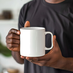 Sleek mockup featuring a high-quality blank white 11oz mug held by an African American man's hand, perfect for showcasing custom designs or branding.