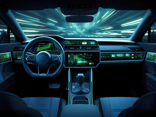 The interior of a car with a dashboard and steering wheel. Generative AI. - obrazy, fototapety, plakaty