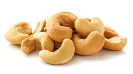Heap of cashew nuts on white background representing health, nutrition, vegan food, and natural snacks.