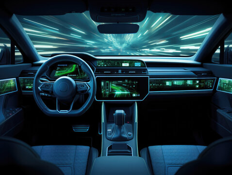 The interior of a car with a dashboard and steering wheel. Generative AI.