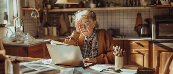 Foto op Plexiglas Mulher idosa com dores de cabeça vendo as contas © vitor