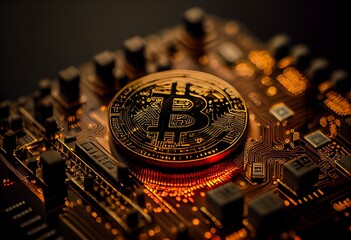 Golden bitcoins standing on circuit board cryptocurrencies - Generative AI