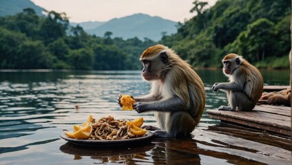 Monkeys eat the remains of food on the table near lake of water at the backdrop