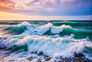 Rough sea with waves, seascape at sunset