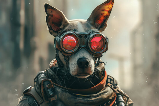 Dynamic image of a petfluencer in cyberpunk style, blending futuristic elements with pet charisma. Perfect for brands seeking innovative and edgy visuals to engage with modern audiences