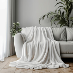 Clean and cozy white fleece blanket mockup. Ideal for online shops, graphic designers, and printing companies looking to display their blanket designs in a professional and appealing manner. - obrazy, fototapety, plakaty