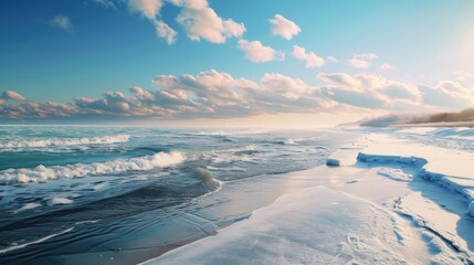  a beach covered in lots of snow next to the ocean under a cloudy blue sky with a sun shining through the clouds over the ocean and on top of the water.