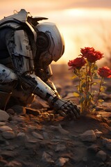 sad robot sitting on the ground touching red flowers