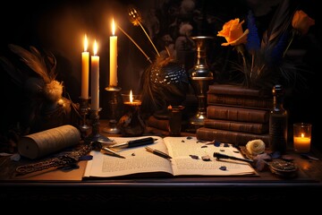 still life letter and quill with ink on wooden table with burning candles