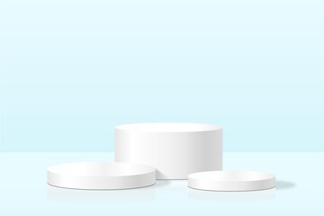 Background with realistic white cylindrical podiums for products. Round stage showcase. Vector illustration.