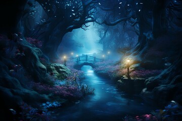 Obraz premium fantasy dark blue forest with river