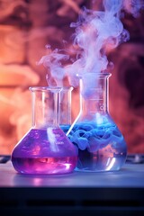 flasks with purple liquid and smoke on laroratory background