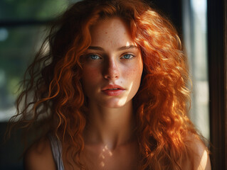 beautiful red-haired curly girl looking at the camera with her mouth slightly open