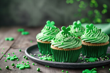 St Patrick's Day cupcakes with green buttercream on rustic background. - obrazy, fototapety, plakaty