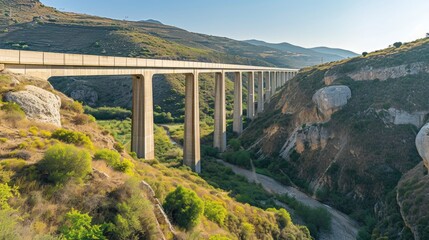 Fototapeta premium Elevated Highway Bridge Over Green Valley Under Clear Sky - Modern Infrastructure