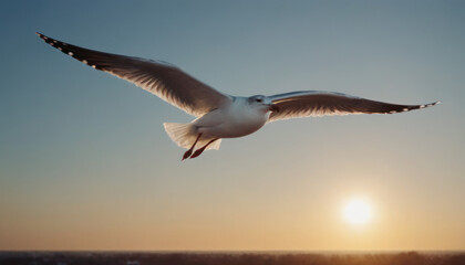 Fototapeta na wymiar Flying seagull at sunset. Close up photo.