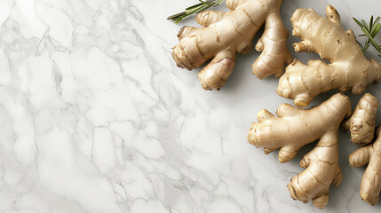 Ginger Roots on White Marble with Copy Space