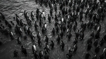 Obraz premium a large group of penguins are standing in the water and one is standing in the water and one is standing in the water and the other is standing in the water.
