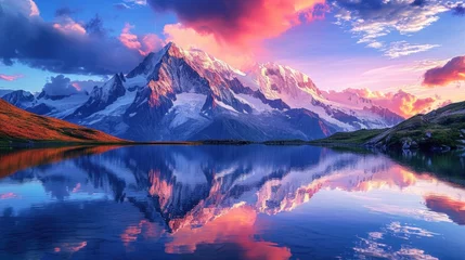 Stickers pour porte Réflexion A majestic mountain landscape at sunset, snow-capped peaks, a crystal-clear lake reflecting the vibrant sky, serene nature. Resplendent.