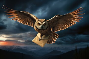 Nocturnal Owl fly envelope. Postmark bird. Generate Ai
