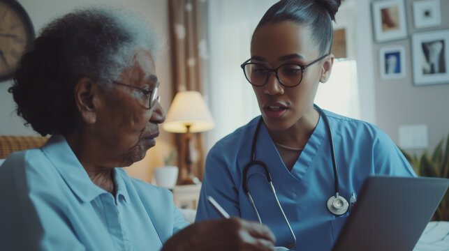 A nurse is showing something on a tablet to an elderly patient in a home setting, demonstrating healthcare and patient education.
