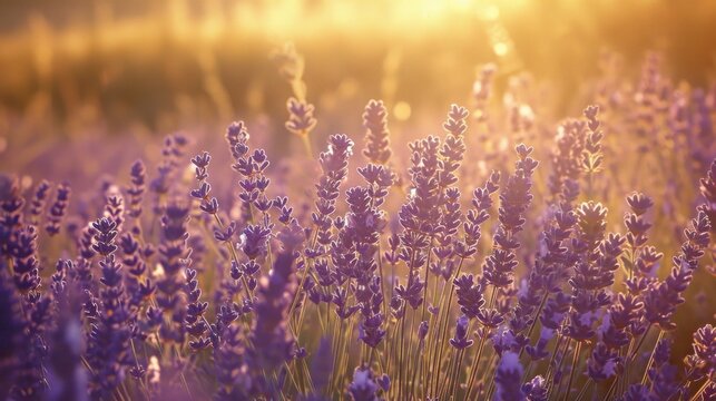  a field full of lavender flowers with the sun shining through the clouds in the background and the sun shining through the clouds in the middle of the middle of the field.