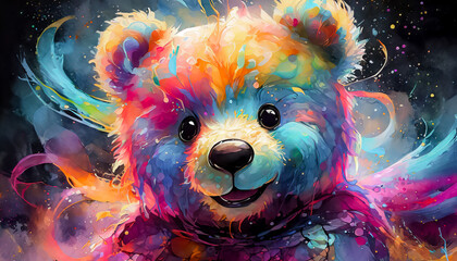 Visage joyeux d'un ours en peluche avec des éclaboussures de peinture colorée