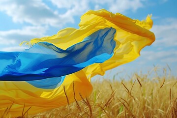 a yellow and blue fabric in a field