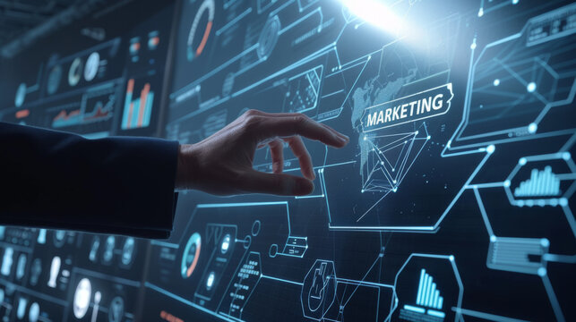 person interacting with a futuristic, digital interface with glowing screens and transparent elements, indicative of advanced data analysis or technology.