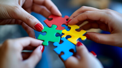 several hands of diverse people coming together to connect pieces of a multicolored jigsaw puzzle, symbolizing teamwork and collaboration.