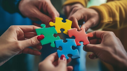 several hands of diverse people coming together to connect pieces of a multicolored jigsaw puzzle, symbolizing teamwork and collaboration.