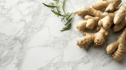 Fototapeta premium Ginger Roots on White Marble with Copy Space