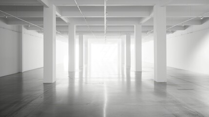 Sunlit White Gallery Space: White-walled gallery space bathed in sunlight, offering a blank canvas for artistic expression