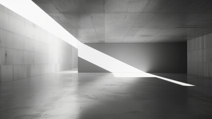 Pristine Concrete Interior with Light Beam: Sunlight streams through a geometric opening in a minimalist concrete room creating a stark contrast