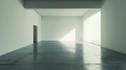 Minimalist White Room with Sunlight: Sparse white room with sunlight slicing through the emptiness, evoking a sense of calm